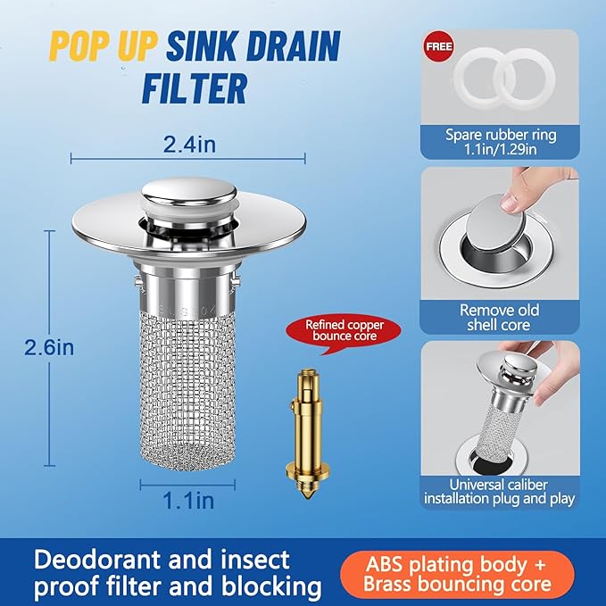 2024 New Pop Up Bathroom Sink Drain Strainer Hair Catcher, Sink Drain Stopper