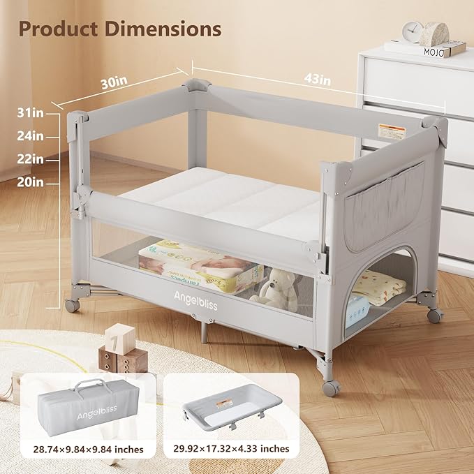 ANGELBLISS Baby Bassinet Bedside Crib, Pack and Play