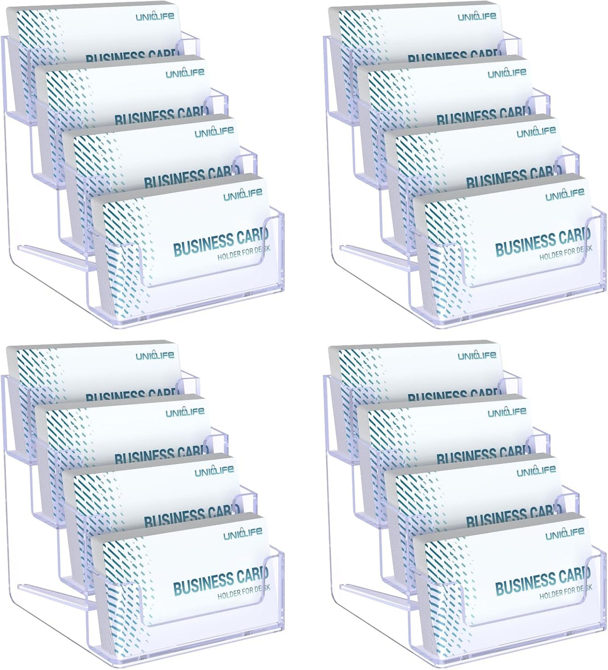 Uniclife 4 Pack Acrylic Business Card Holder for Desk 4 Slots Clear Business Card Display Stand for Men & Women Desktop Business Card Organizer Card Stand for Office Home Exhibition, 240 Card Capacity