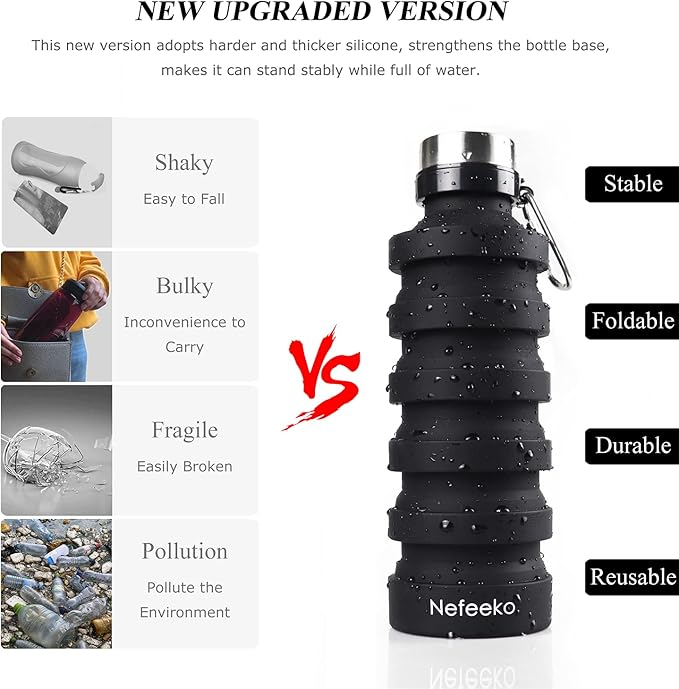 Nefeeko Collapsible Water Bottle, Reuseable BPA Free Silicone Foldable Water