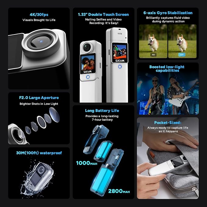 SJCAM C300 Pocket Action Camera 4K, 7Hour Power, 6-Axis Stabilization,