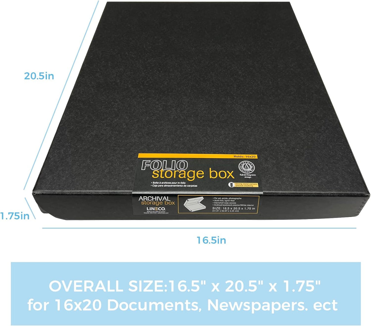 Lineco, Archival Folio Storage Box. Acid-Free, Metal Edge Boxboard, Clamshell Lid. 16 x 20 x 1.75 Inches. Preserves and Organizes, Stores Photos, Documents, Craft, Prints, DIY. Black, Pack of 10