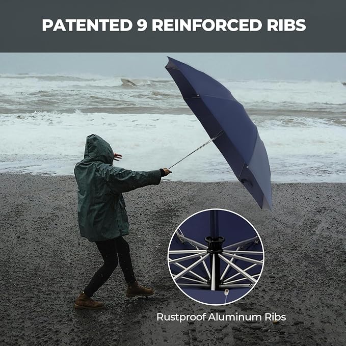 Compact Inverted Travel Umbrella, Automatic Open Close, 9-Rib 46 Inch Windproof