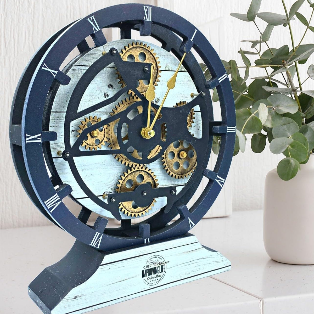 The Gears Clock Desk Clock 10 inches with Real Moving Gears Convertible into Wall Clock (White Farmhouse)