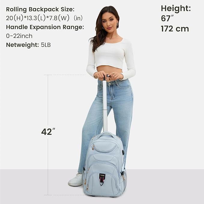 Boavan Rolling Backpack for Women, 17.3 Inch Wheeled Laptop Backpack, Large