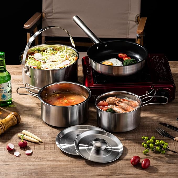 304 Stainless Steel Camping Cookware Set, Pots and Pans