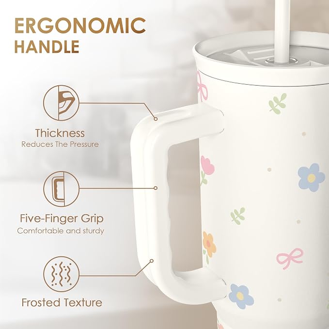 Floral 40oz Slider Tumbler with Handle and Straw - Insulated Stainless Steel Travel Coffee Mug for Women Girls, Gift for Birthday Christmas