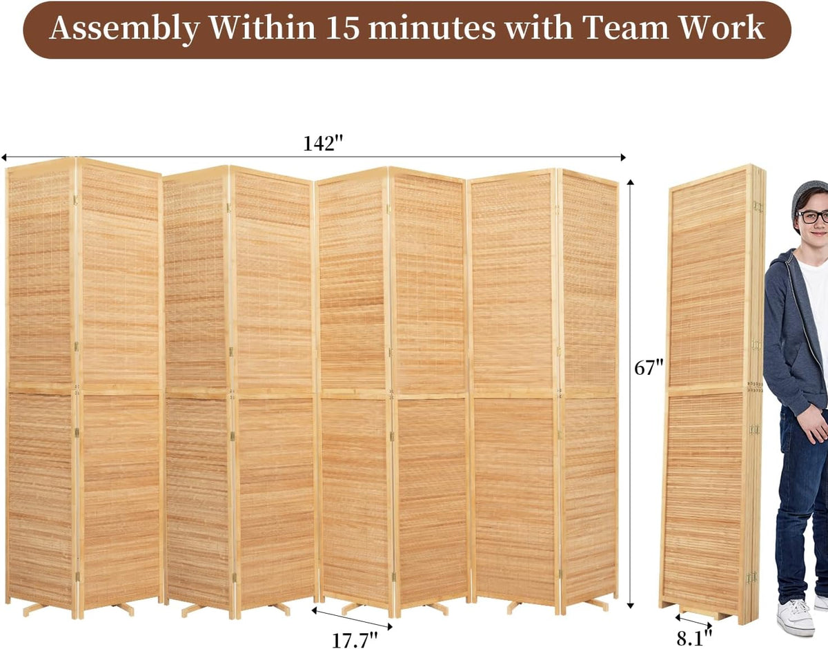 Bamboo Room Divider 8 Panel Wall Divider, 142'' W x 67'' H Folding Design with Extra Stable Base, 100% Bamboo Room Divider Screen for Room Separation, Chinese Room Partitions and Dividers Freestanding