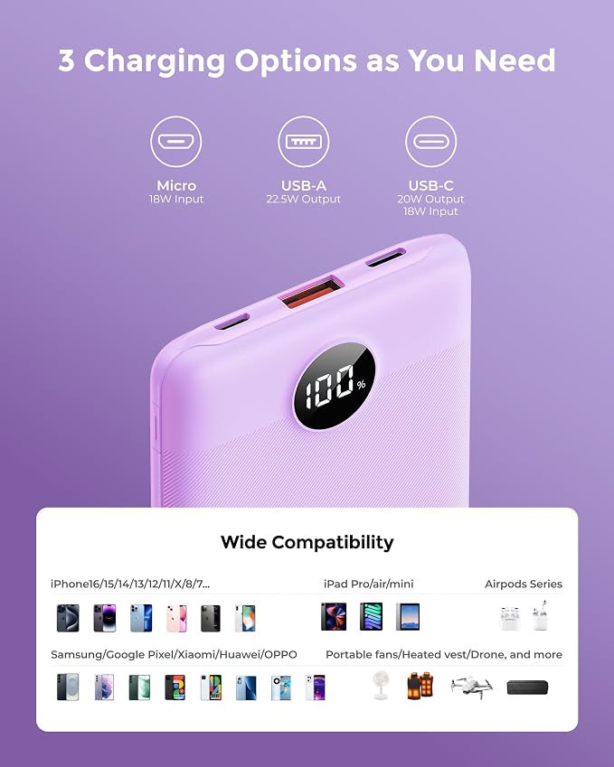 VEEKTOMX Small Portable Charger, Mini Power Bank 10000mAh, PD 22.5W Fast