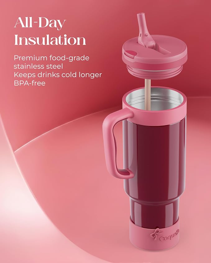 40 oz Insulated Tumbler with Handle and Push-Button Straw Lid, Stainless Steel Travel Cup for Gym Office, Leakproof, BPA-Free, Cup Holder Friendly, Bow Silicone Boot, Red (Wine Burgundy)