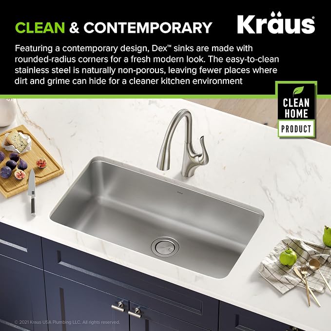 KRAUS Dex 33-inch Undermount 16 Gauge Stainless Steel Single Bowl Kitchen Sink