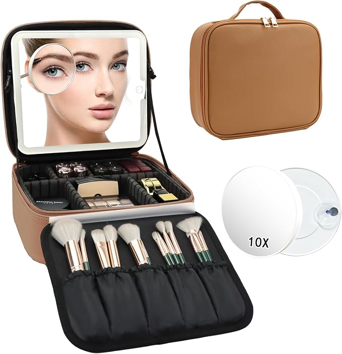 Travel Makeup Bag with LED Mirror and 10x magnifying glass with 3 Lighted