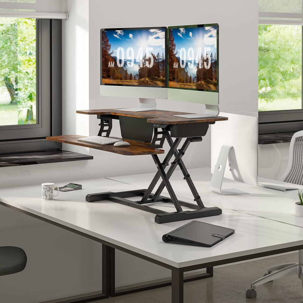 FLEXISPOT Electric Standing Desk Converter, 36'' Height Adjustable Motorized Desk Riser for Computer Monitors & Laptop Workstation, Rustic Color