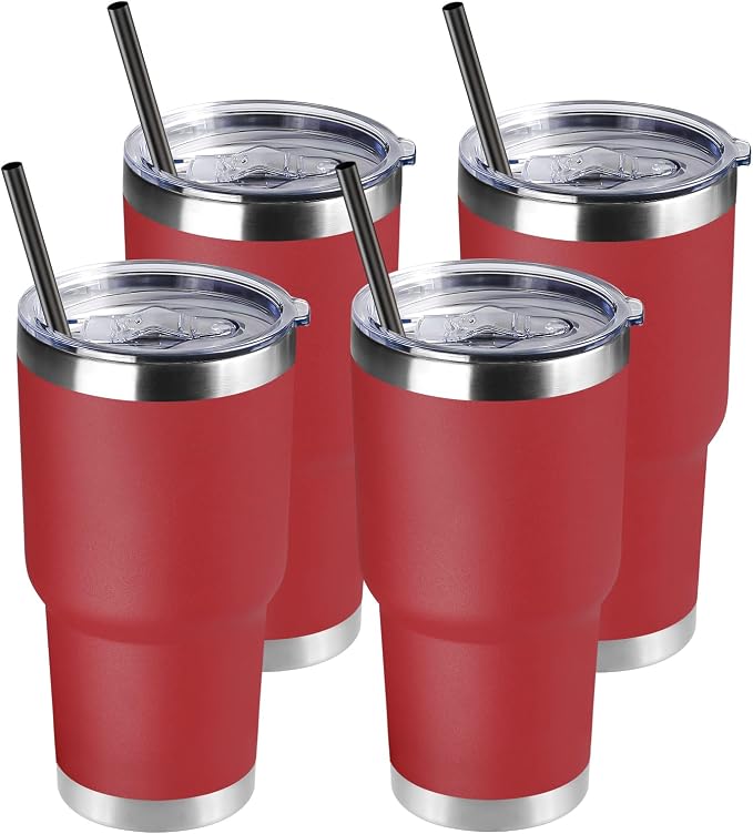 DOMICARE 30 oz Tumbler with Lid and Straw, Stainless Steel Tumblers Bulk, Insulated Vacuum Double Wall Travel Coffee Mug, Durable Powder Coated Tumbler Cups (Red, 4)