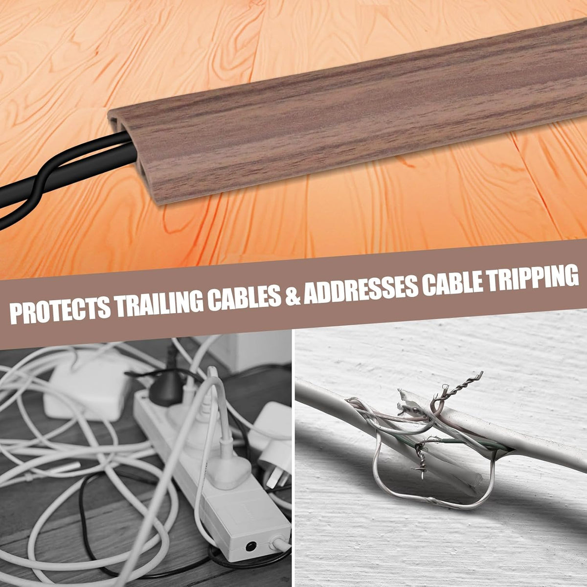 Floor Cord Cover Self Adhesive Cord Hider,10FT Cable Management, Extension Strip Protector for Wires, Prevent Cable Trips for Offices, Gyms, Exhibitions Cavity:0.39"(W) x 0.27"(H) Wood Walnut