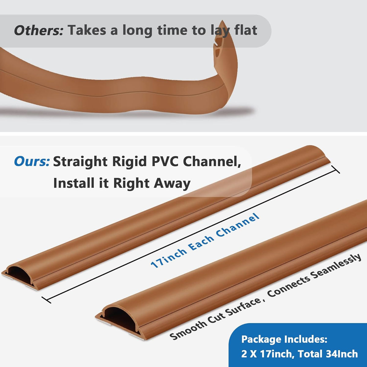 Cord Hider Floor 34in (2X L17in), Large Capacity Floor Cord Cover, Hard PVC Wire Cover, Cable Management Floor, Brown, Cord Cavity - 1.1"(W) x 0.4"(H)