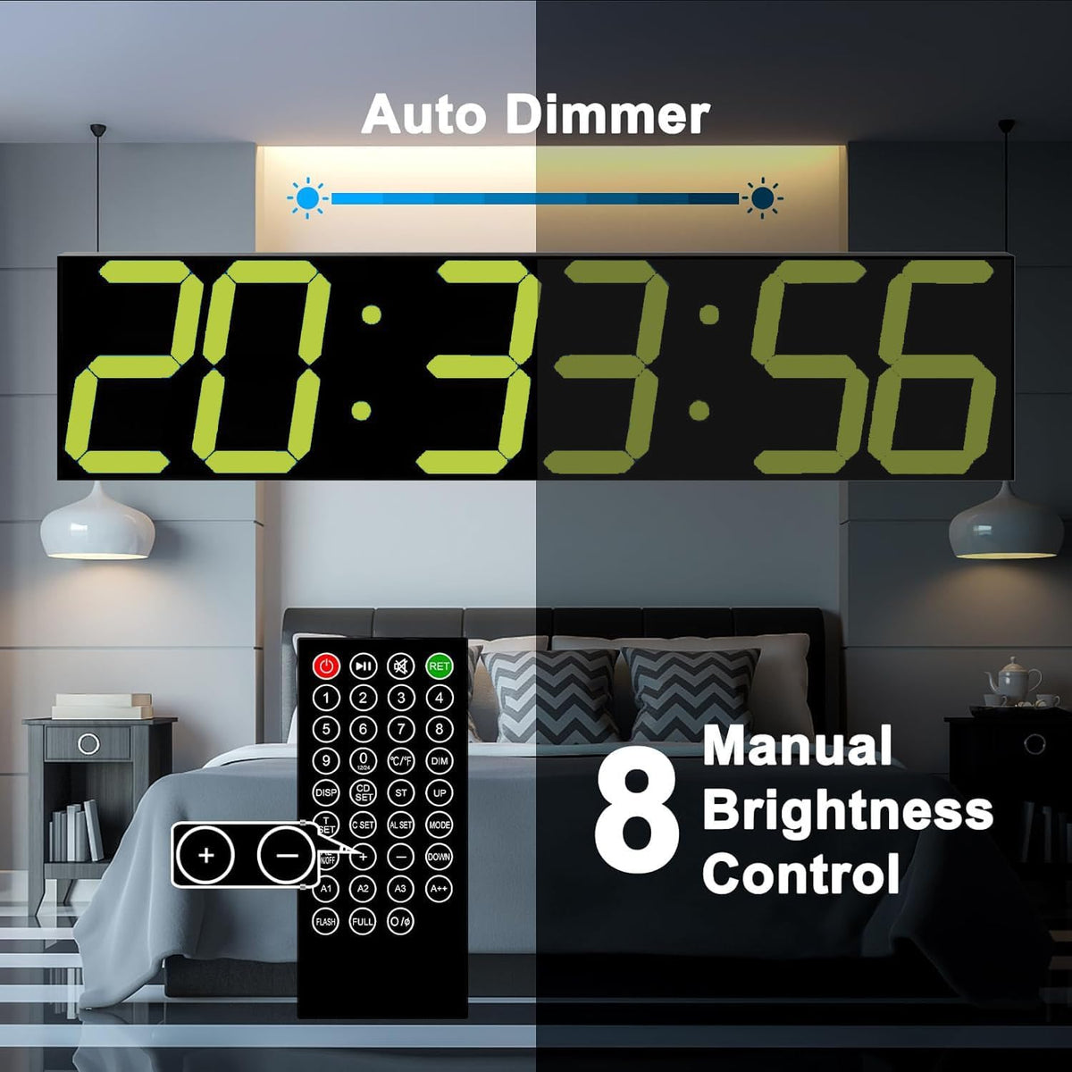 Digital Wall Clock, Oversize Digital Clock with Auto Dimmer, Huge Countdown Timer with Remote Control, 27" Wide Led Display, 6 Digits, Wall Mount, Date and Temperature（Yellow）