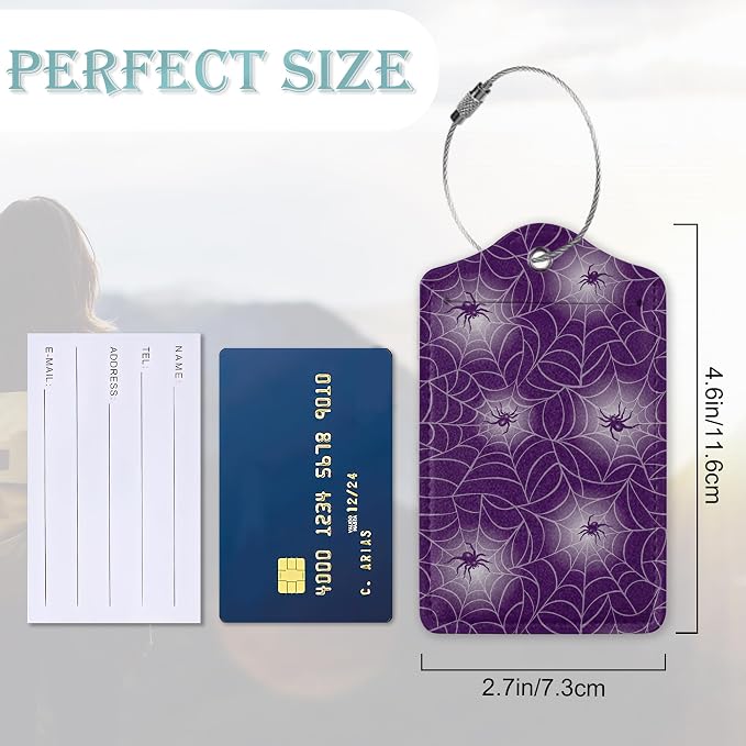 Halloween Luggage Tags Set of 2 Purple Spider Web Leather Suitcase Tags