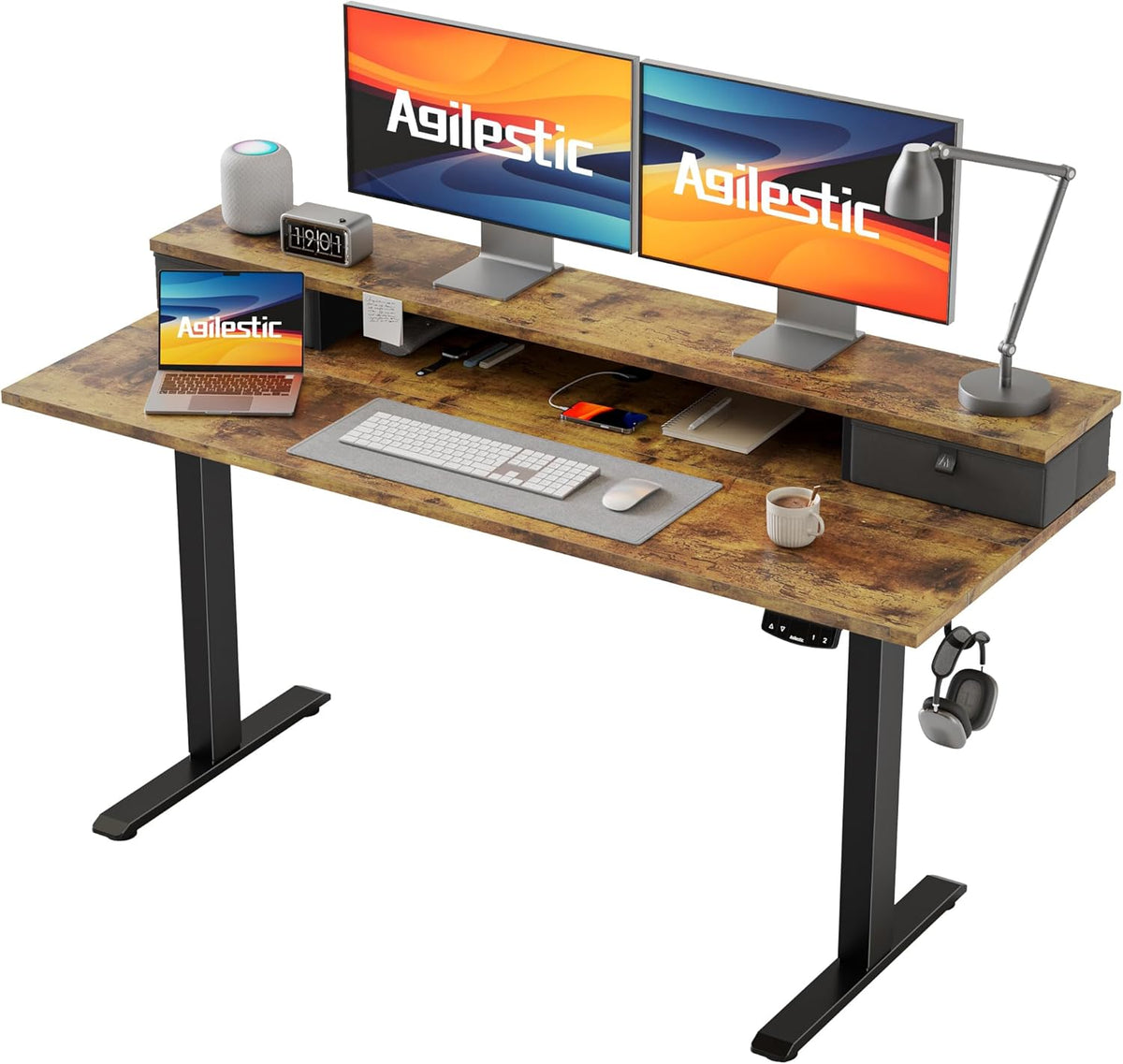 Agilestic 55 x 24 Inches Height Adjustable Electric Standing Desk with 2 Drawers, Stand Up Electric Desk Adjustable Height, Sit Stand Computer Gaming Table with Splice Board, Rustic Brown
