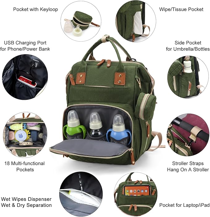 Diaper Bag with Changing Station, Waterproof 3 in 1 Baby Diaper Backpack with