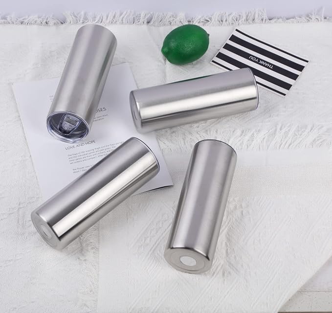 4 Pack 20 Oz Straight Skinny Tumblers,Individually Gift Boxed Stainless Steel Slim Skinny Tumbler Set Bulk, 20 Oz Insulated Slim Thin Travel Tumbler Cup for Diy, Silver