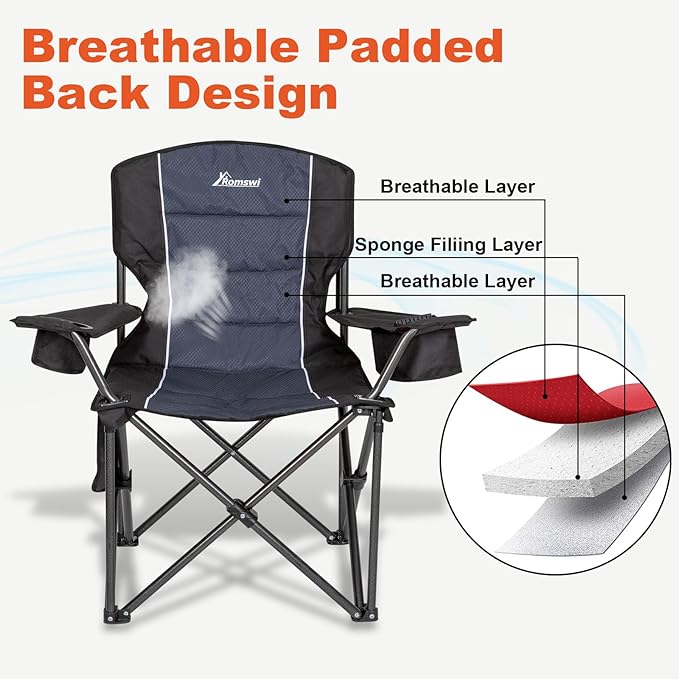 Romswi Oversized Camping Chairs, Heavy Duty Support 500 LBS, Padded Back & Arm