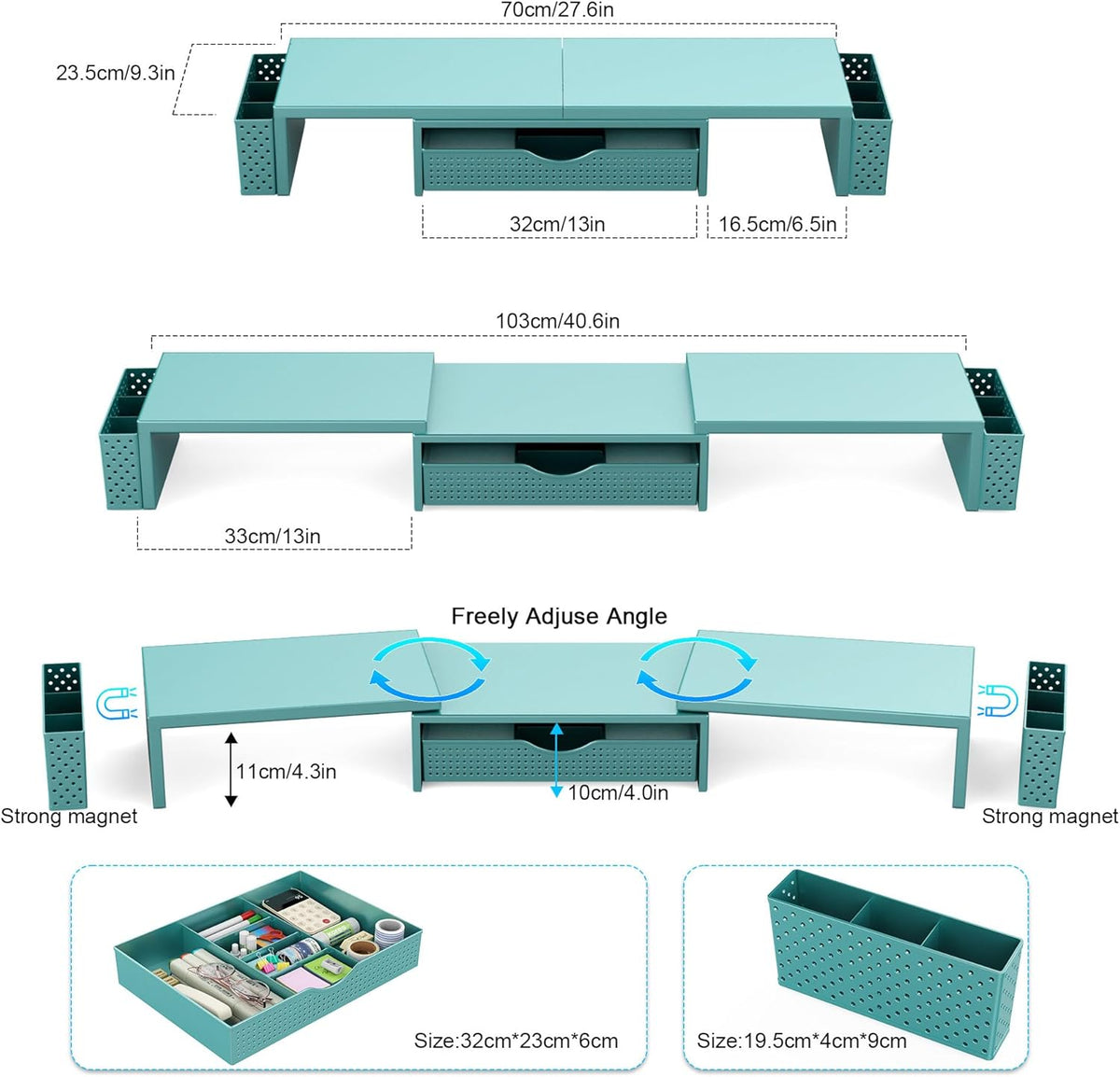 Spacrea Metal Desk Organizers and Accessories, Dual Monitor Stand Riser with Drawer and 2 Pen Holders, Desk Accessories & Workspace Desktop Organizers for Office Supplies (Blue)