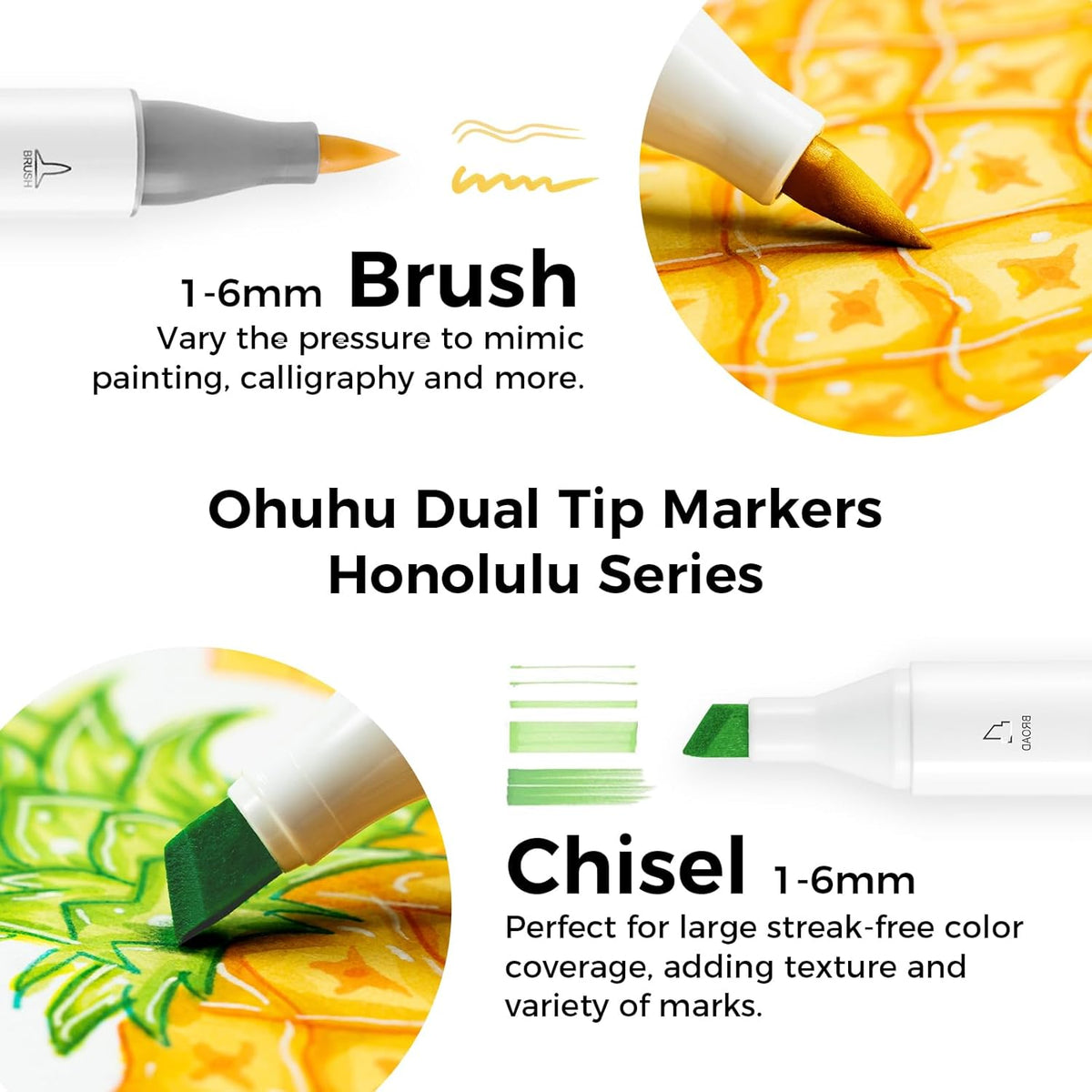 Ohuhu Alcohol Markers Brush Tip: 48-Color Double Tipped Art Marker Set for Artist Adults Coloring Illustrations -Honolulu -Brush & Chisel -Refillable