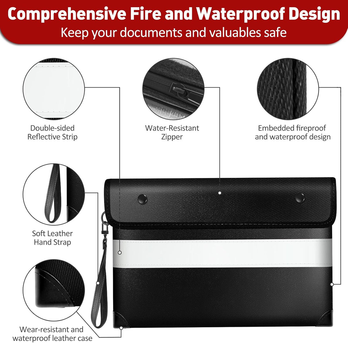 Vailoin 6200℉ Insulated Fire Proof Money Bag for Cash,Portable Waterproof Fireproof Document Bag with Reflective Strip,Fireproof Envelope for Cash,Important Documents,Valuables(11"x7.7", Black)