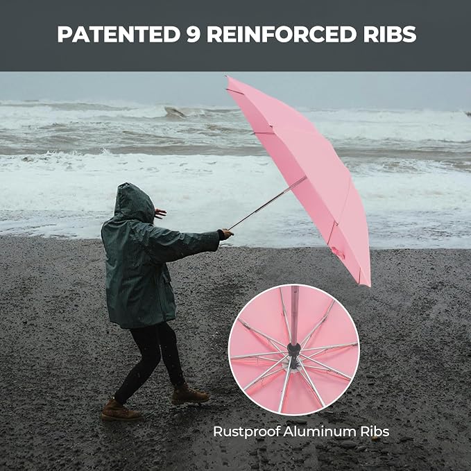 Compact Inverted Travel Umbrella, Automatic Open Close, 9-Rib 46 Inch Windproof