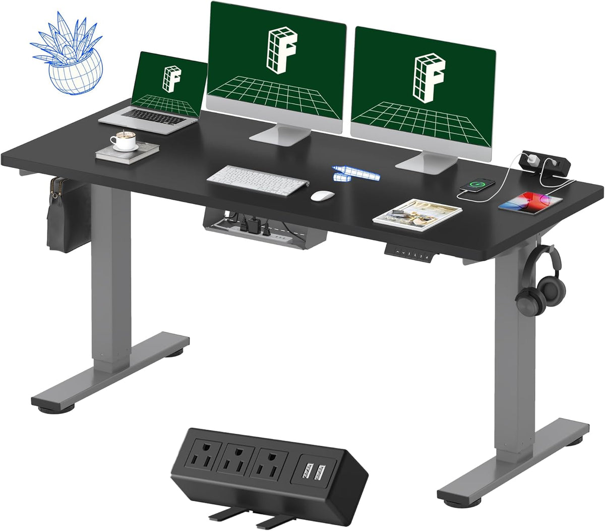 FLEXISPOT EN2 Whole-Piece Standing Desk with Clamp Power Strip, 60 x 24 Electric Stand Up Height Adjustable Desk with Cable Management (Gray Frame + Black Top, 2 Packages)