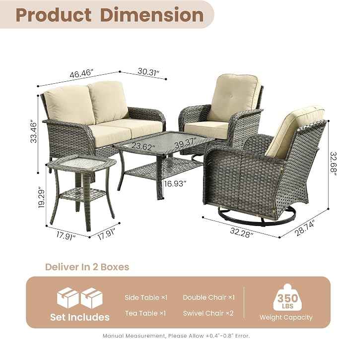 HOOOWOOO Patio Furniture Set, 5 Pieces Outdoor Conversation Set, All Weather