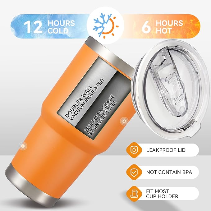 30 oz Tumbler with Lid Stainless Steel Tumblers Vacuum Insulated Cup Reusable Powder Coated Travel Mug Double Wall Leak Proof Portable Cups Keep Cold Drinks for 12 Hours, Orange, 1 Pack