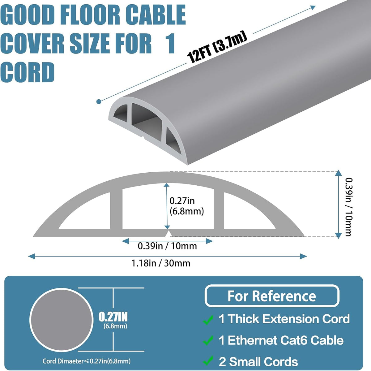 Floor Cord Covers for Wires 12FT Cable Hider Wire Cover Self Adhesive Cord Hider Floor for Offices, Homes, Workshops, Warehouses Cable Cavity 0.39" W x 0.27" H