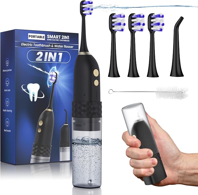 Portable Water flosser with Electric Toothbrush, 2 in 1 Teeth Cleaning Kit