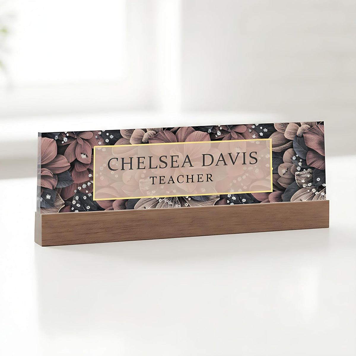 ARTBLOX | Office Personalized Name Plate Women Flower Design On Clear Acrylic Glass for Desk with Business Card Holder