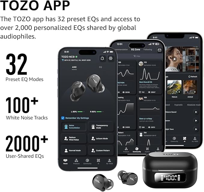TOZO NC9 Hybrid Active Noise Cancelling Wireless Earbuds, 6 Mics ENC Clear Call