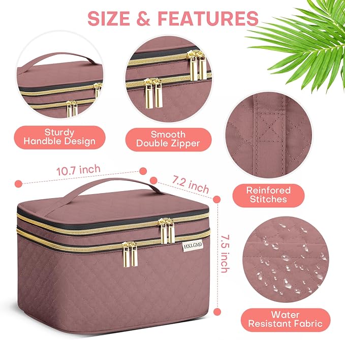 Large Makeup Bag with Mirror Double Layer Travel Make Up Organizer Case
