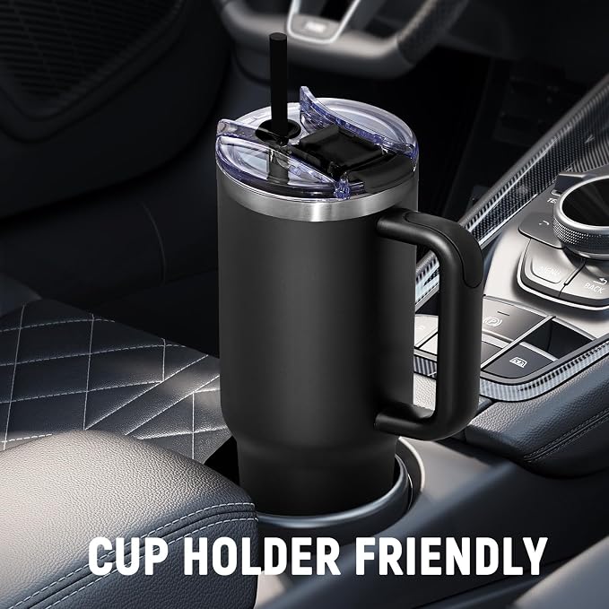 COKTIK 40 oz Tumbler With Handle and Straw, Insulated Tumbler With Leakproof Lids, Stainless Steel|BPA-Free, Cold for 24 H (Black)