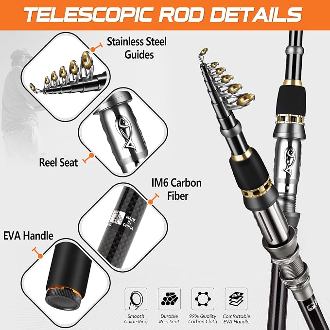 PLUSINNO Fishing Rod, Telescopic Fishing Rod and Reel Combo, Collapsible Travel