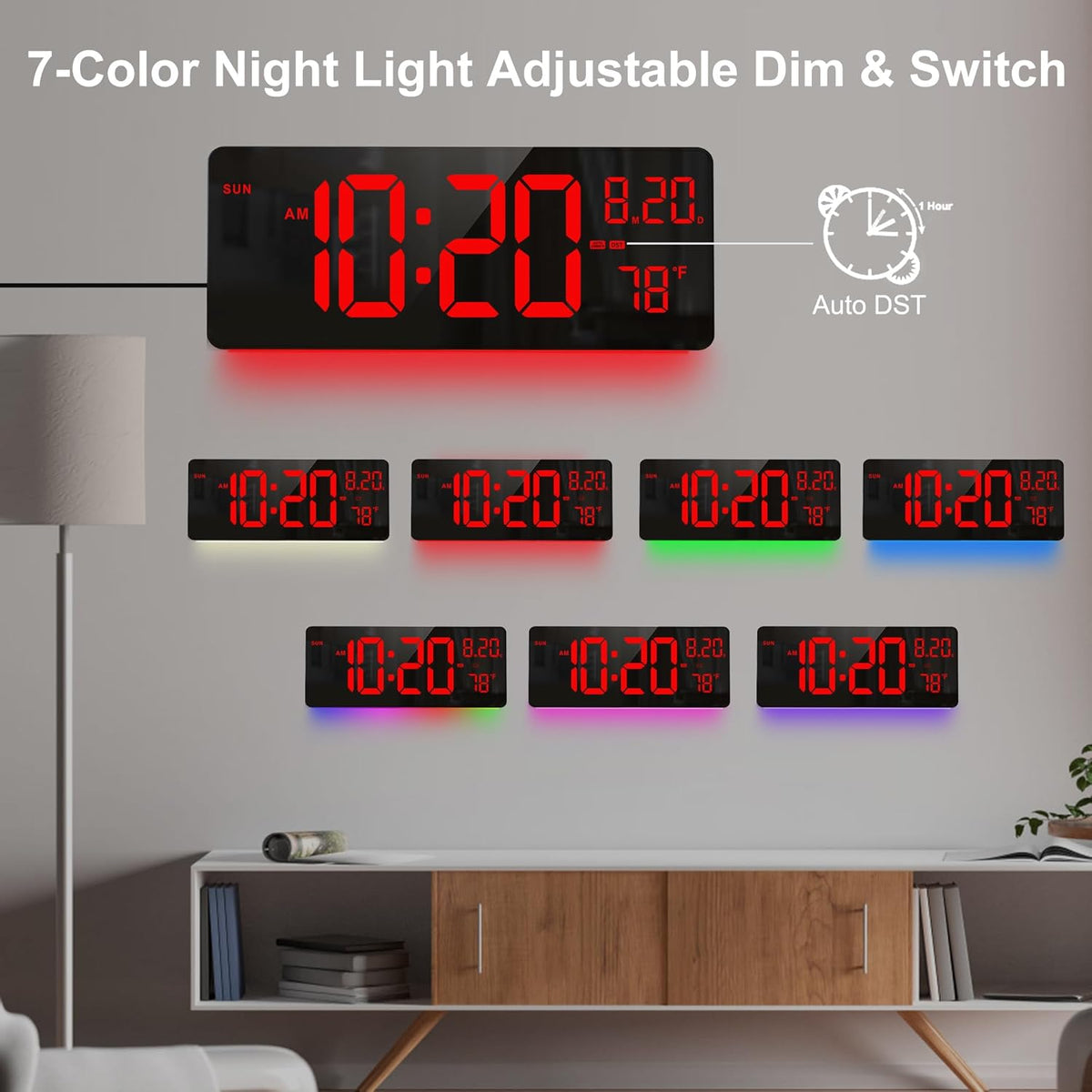 XREXS 16.5" Digital Clock Large Display with Remote Control 7 Color Changes Night Lights LED Wall Clock, Adjustable Dimmer, Temperature Clock for Bedroom, Desk Alarm Clock Gift for Teens Elderly