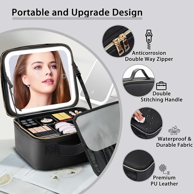 Makeup Bag with Led Mirror, Travel Makeup Organizer with 3 Color Setting