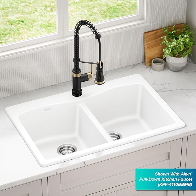 KRAUS Forteza 33-inch Granite Drop In/Undermount 50/50 Double Bowl White