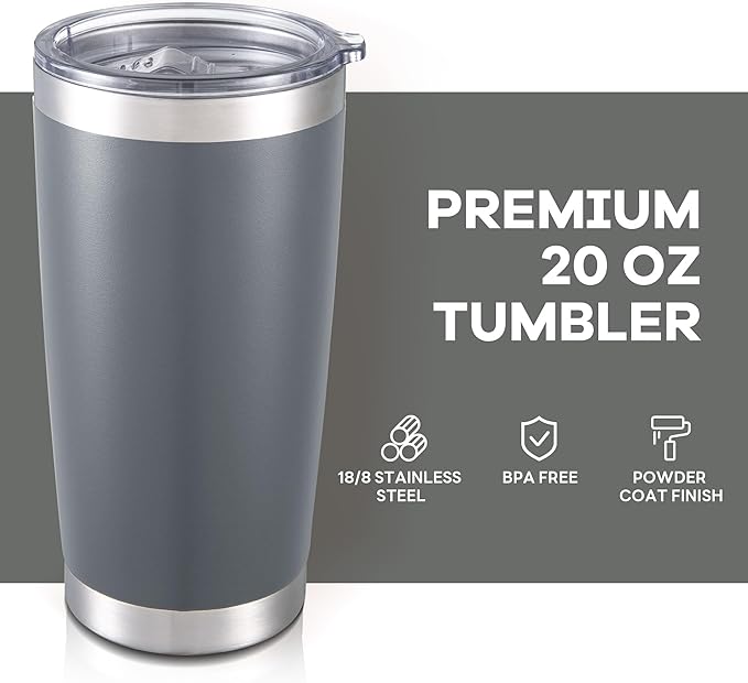 20 oz Tumbler with Lid Stainless Steel Insulated Tumblers Bulk Double Wall Vacuum Cups Powder Coated Travel Mug Keep Drinks Cold and Hot, Grey, 4 Pack