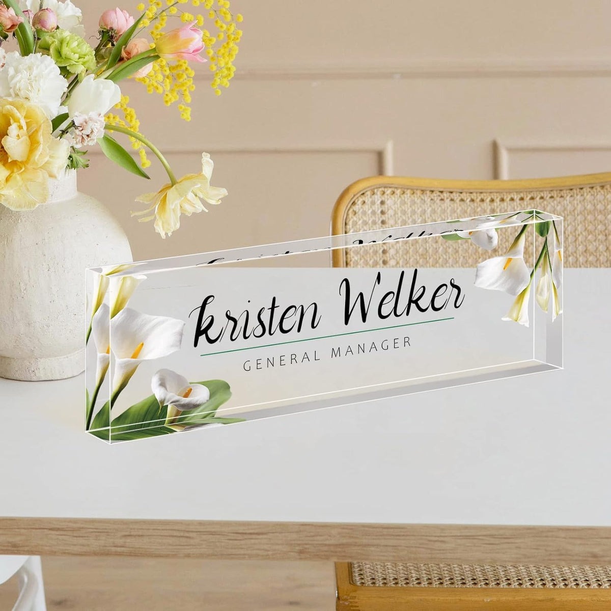 Desk Name Plate Personalized, Premium White Calla Lily Acrylic Desk Name Plate, Personalized Name Plate for Desk, Office Decor for Women or Men Coworkers, Boss, Employee, Teacher