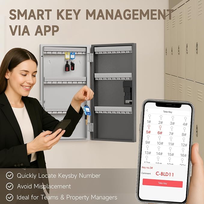 WeHere 48 Key Lock Box Wall Mount, APP Bluetooth/OTP/Wi-Fi/Fixed Code/Key Unlock