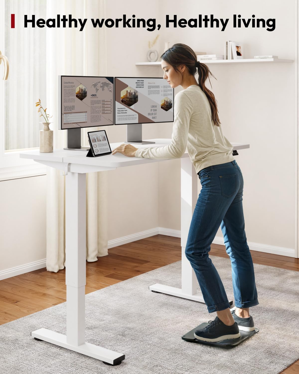 SANODESK Standing Desk Height Adjustable Electric Stand up Desk 48x24 Inches Sit Stand Home Office with Splice Board, White Frame/White Top