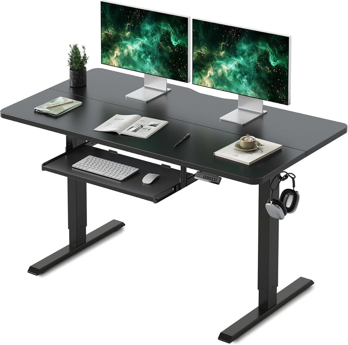FEZIBO Standing Desk with Keyboard Tray, 55 x 24 Inch Adjustable Height Sit Stand Desk with Memory Presets for Home Office, Ergonomic Computer Workstation, Black
