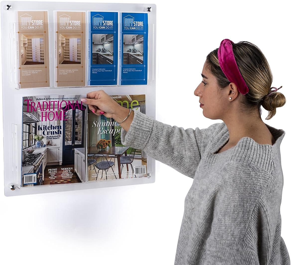 Displays2go Acrylic Literature Holder Wall Mount, 4/8.5" w, 4-8 Pockets - Clear (2RP4CLR)