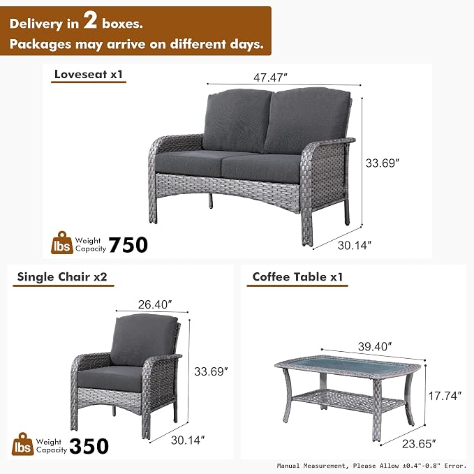 HOOOWOOO Patio Furniture Set, 4 Pieces Outdoor Conversation Set, All Weather
